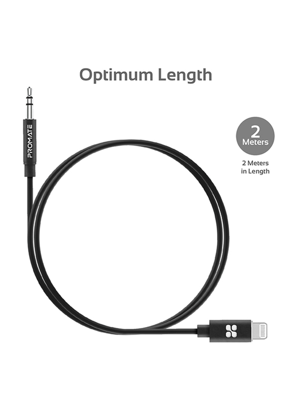 Promate 2-Meter AudioLink-LT2 Lightning AUX Cable, Lightning Male to 3.5mm AUX, Apple MFi Certified, Headphone Jack Adapter Stereo Audio, Digital Analog Converter for Bose/Marshall, Black