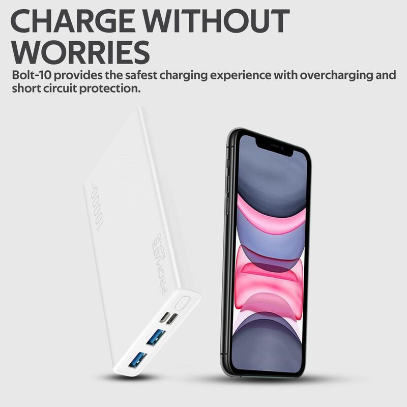 Promate 10000mAh Bolt-10 Portable Fast Charging 2.0A Dual USB Premium Battery Power Bank, with Input USB Type-C Port, Over Charging Protection, White