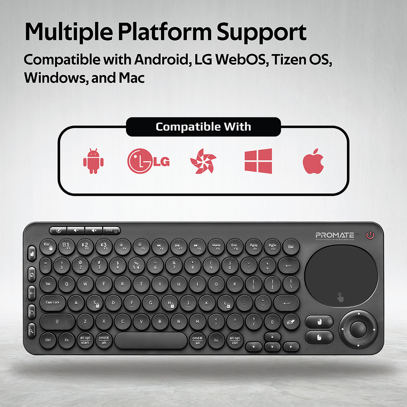 Promate KeyPad-1 All-In-One 2.4Ghz Wireless/Bluetooth v5.0 Multimedia English Keyboard with Built-In Touchpad Mouse, Precision Tracking, Multi-Device Pairing and IR TV Remote Controller, Black