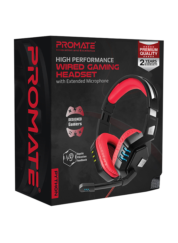 Promate Python Over-Ear Gaming Noise Cancelling Headset, Haptic Feedback with Unidirectional Mic, Soft Memory Earmuffs, Volume Control and LED Light, Red