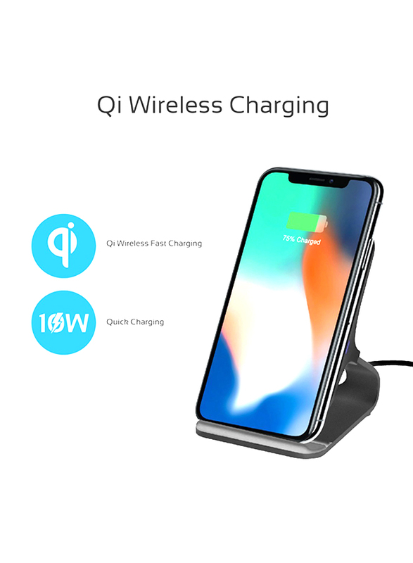 Promate AuraDock-5 Type-C Wireless Charger, Qi-Certified Dual Coil Aluminium 10W Single Port Charger Stand with Qualcomm QC 3.0 Wall Adapter and USB Sync Charge Cable, for Mobile Phones, Grey
