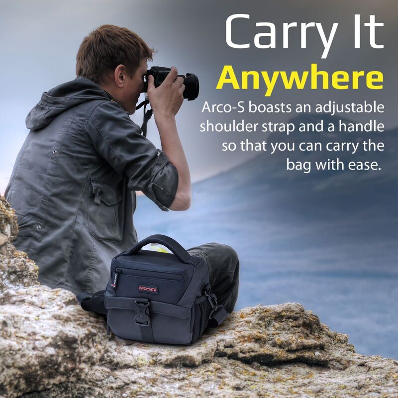Promate Arco Small DSLR Shoulder Bag for Mirrorless DSLR/SLR/Lens/ Camcorders, with Shockproof, Adjustable Foam Padded Divider, Quick Access Pocket and Rain Cover, Black