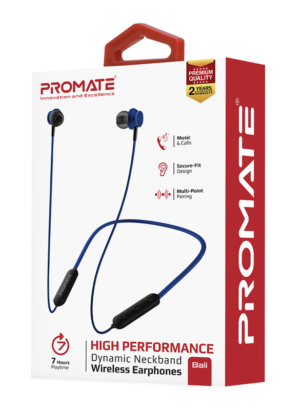 Promate Bali Bluetooth In-Ear Neckband Earphones with Built-in Hi-Res Mic, Magnetic Closure, Blue