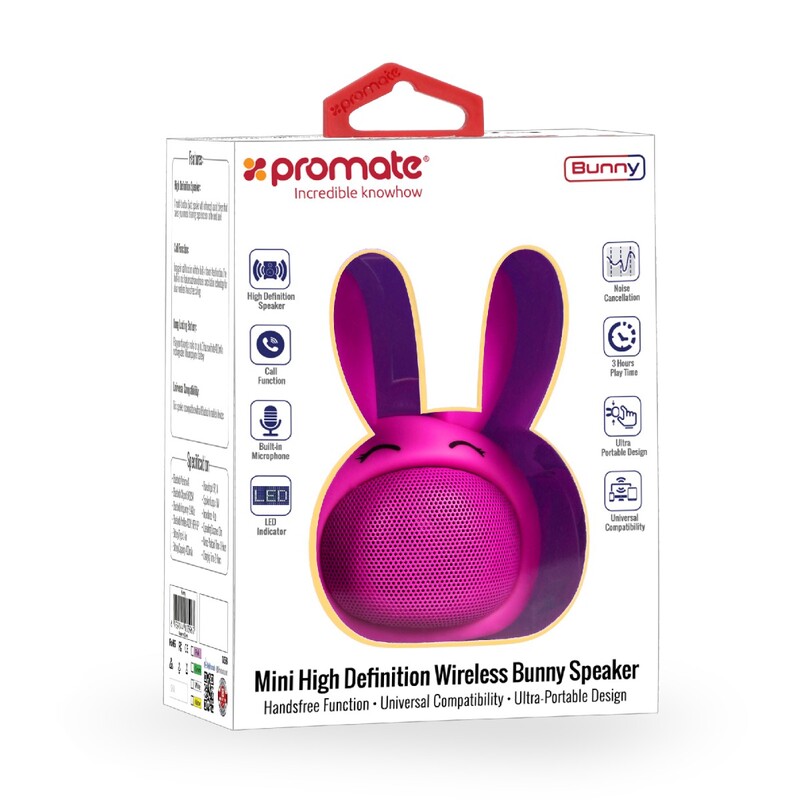 Promate Bunny Kids Bluetooth Speaker, Portable Wireless V4.1 Speaker with HD Sound Quality, Hands-Free Call Function and Cute Bunny Design, Pink