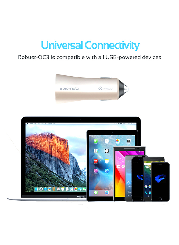Promate Robust-QC3 Car Charger, Heavy-Duty Qualcomm Quick Charger 3.0 Dual USB Port Car Charger with Short Circuit and Over Charging Protection for GPS, iPod, Mobile Phones and Tablets, Gold