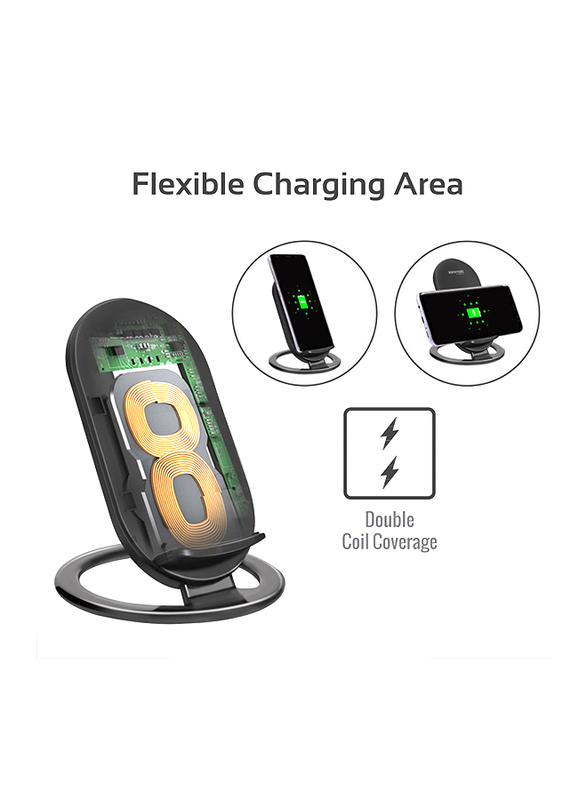 Promate AuraDock-3 Wireless Charger, 15W 2 Coils Qi Wireless Charging Pad with Detachable Stand and Over-Charging Protection for Mobile Phones, Black