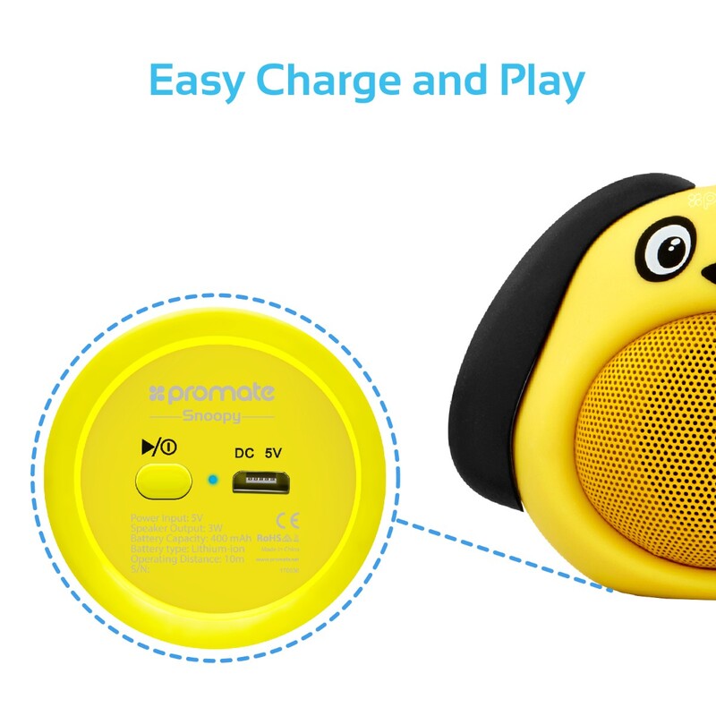 Promate Snoopy Wireless Speaker, Portable Kids Bluetooth v4.1 Speaker with HD Sound Quality, Hands-Free Call Function and Cute Dog Design, Yellow