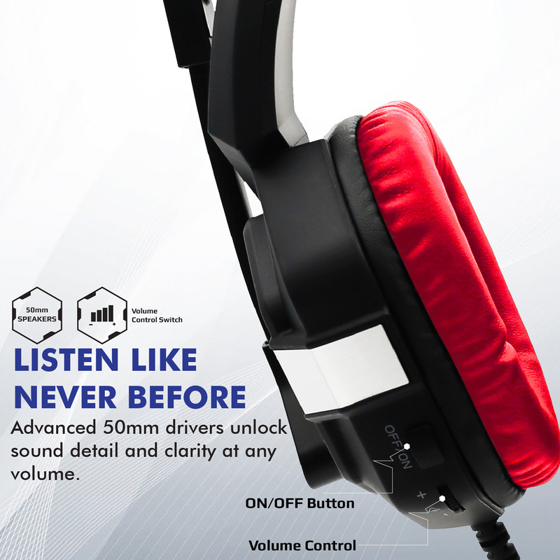 Promate Python Over-Ear Gaming Noise Cancelling Headset, Haptic Feedback with Unidirectional Mic, Soft Memory Earmuffs, Volume Control and LED Light, Red