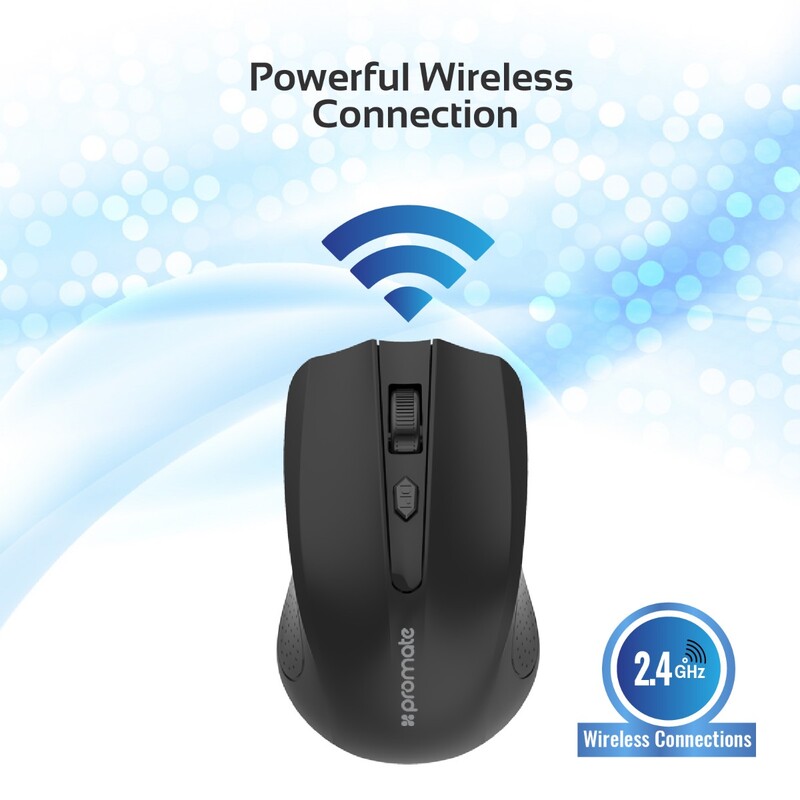 Promate CLIX-8 2.4G Optical Wireless Mouse, Portable, USB Nan Receiver 10m Working Distance, Auto Sleep Function and 3 Adjustable DPI Level, Black