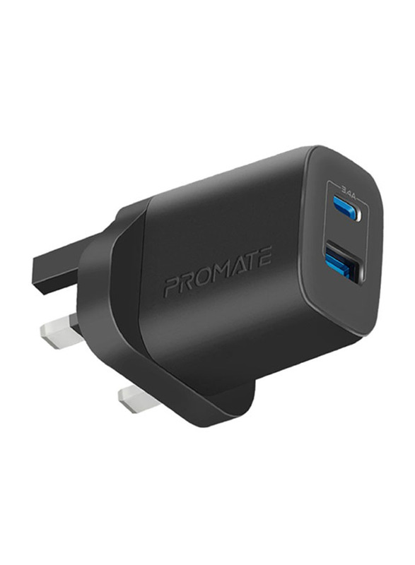 Promate USB-C UK Wall Adapter, Universal 17W Multi-Port Charger with 5V/3A Type-CPort, 5V/2.4A USB-A Port, BiPlug-2 UK, Black