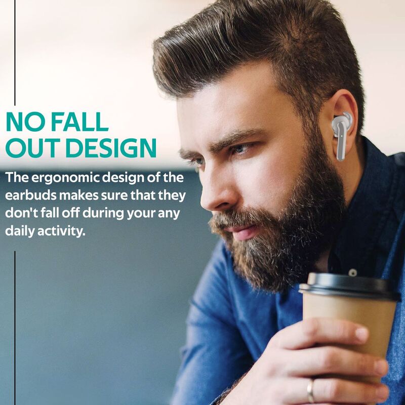 Promate Charisma True Wireless In-Ear Earbuds, Bluetooth 5.0, Stylish TWS Stereo with Touch Control, Charging Case, Anti-Drop Ear Hooks, 24H Playtime and Built-In Mic, White