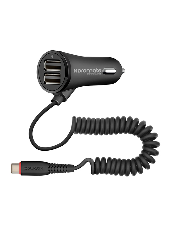 Promate ProCharge-C2 Car Charger, Fast 3.4a Dual USB Car Charger with Built-in 1.8m USB Coiled Cable, LED Indicator and Over-Heating Protection for GPS, MP3 Player, Mobile Phones and Tablets, Black