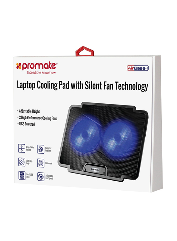 Promate AirBase-1 Laptop Cooling Pad for Laptop Upto 17-inch, Universal High-Performance with 2 Cooling Fan, Dual USB Port, Anti Slip Grip, and Silent Fan Technology, Black