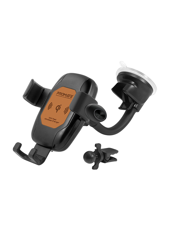 Promate AuraMount-BT Qi-Certified Wireless Car Charger, Auto Clamping 5W/7.5W/10W Fast Charger Car Mount with Wireless Mono Headset, Built-In Mic and 360 Degree Swivel Head, for Mobile Phones, Beige