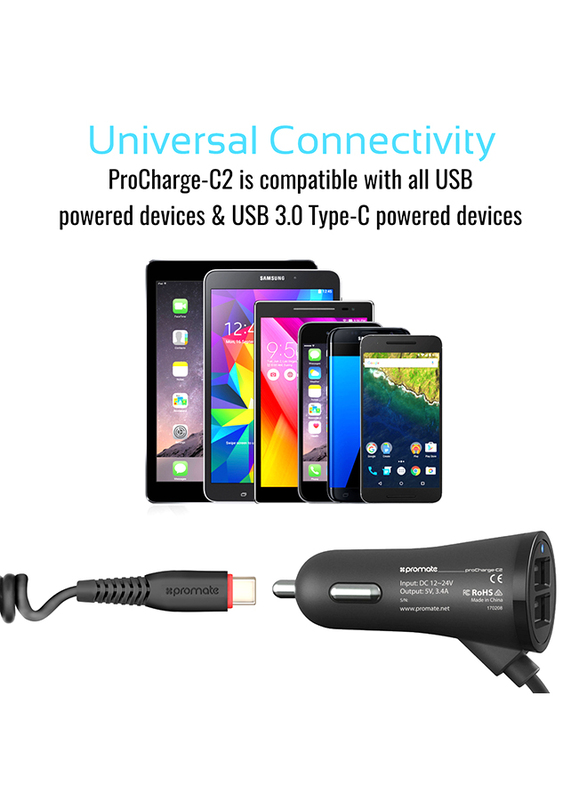 Promate ProCharge-C2 Car Charger, Fast 3.4a Dual USB Car Charger with Built-in 1.8m USB Coiled Cable, LED Indicator and Over-Heating Protection for GPS, MP3 Player, Mobile Phones and Tablets, Black