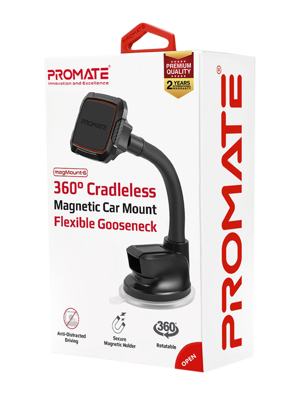Promate MagMount Magnetic Car Mount Holder, Universal 360 Rotation Windshield or Dashboard Suction Cup Phone holder with 6 Strong Magnetic, Flexible Gooseneck and Anti-Slip Grip, Maroon