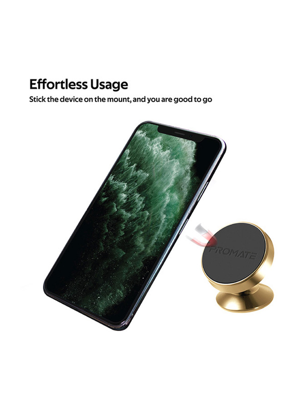 Promate Magnetto-2 Magnetic Car Smartphones/Tablets Holder, Multi-Angle 360° Metallic Magnetic Mount with Anti-Slip Surface, Fast Swift-Snap Technology, Gold