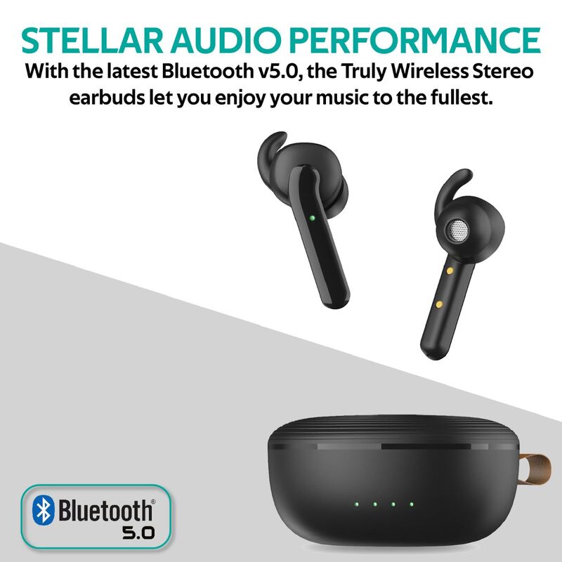 Promate Charisma True Wireless In-Ear Earbuds, Bluetooth 5.0, Stylish TWS Stereo with Touch Control, Charging Case, Anti-Drop Ear Hooks, 24H Playtime and Built-In Mic, Black