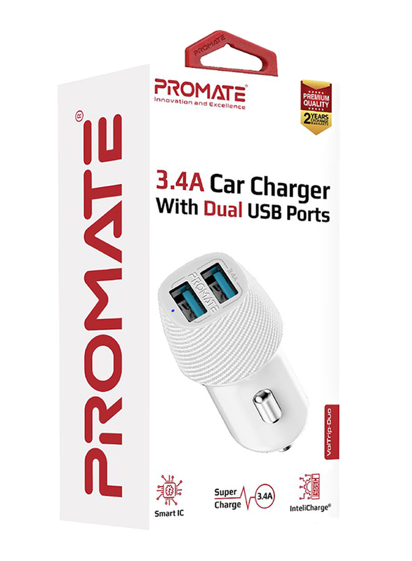Promate VolTrip Duo 3.4A Fast Charging Car Charger, with Smart Output and Short Circuit Protection, White