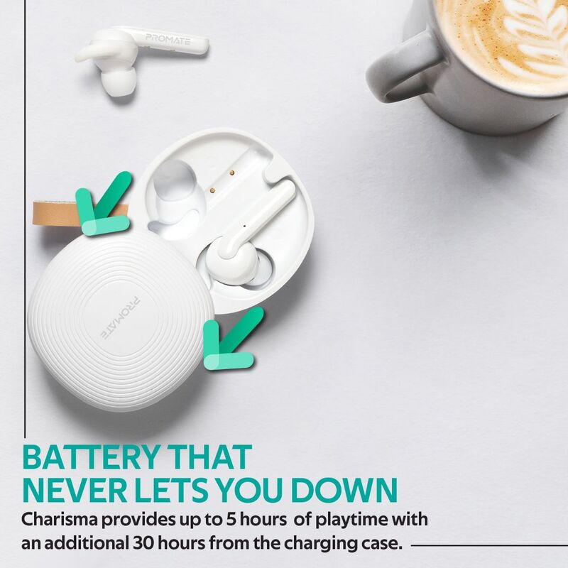 Promate Charisma True Wireless In-Ear Earbuds, Bluetooth 5.0, Stylish TWS Stereo with Touch Control, Charging Case, Anti-Drop Ear Hooks, 24H Playtime and Built-In Mic, White