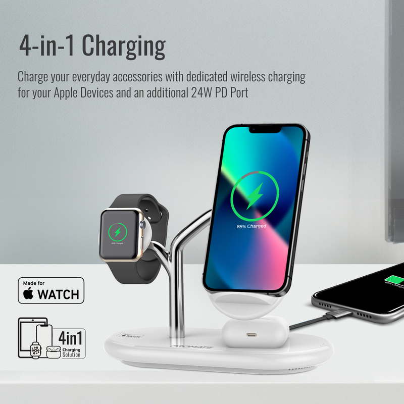 Promate Bonsai 4-in-1 Wireless Charging Station, with 5W Magnetic MFi Apple Watch Charger, 15W Qi Charging Stand, 24W USB-C Power Delivery Port and 5W/10W Qi Charging Pad, Grey