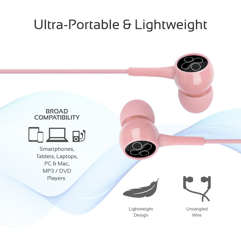 Promate Bent In-Ear Headphones, Premium 3.5mm Stereo Wired Earphones with Built-In Microphones, Tangle Free Cord and Noise-Isolation, Pink