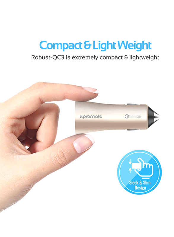 Promate Robust-QC3 Car Charger, Heavy-Duty Qualcomm Quick Charger 3.0 Dual USB Port Car Charger with Short Circuit and Over Charging Protection for GPS, iPod, Mobile Phones and Tablets, Gold