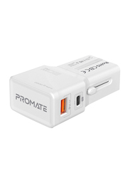 Promate International Travel Adapter US, EU, UK, AUS Wall Charger with 20W Type-C PD Port, QC 3.0 USB Port, TriPlug-PD20, White