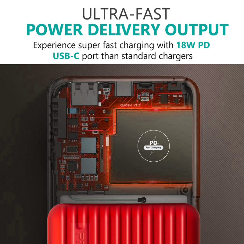 Promate 30000mAh Titan-30 USB-C Two Way 18W Portable Charger Power Bank, Qualcomm Quick 3.0 Port and Fat 2.4A USB Port, Red