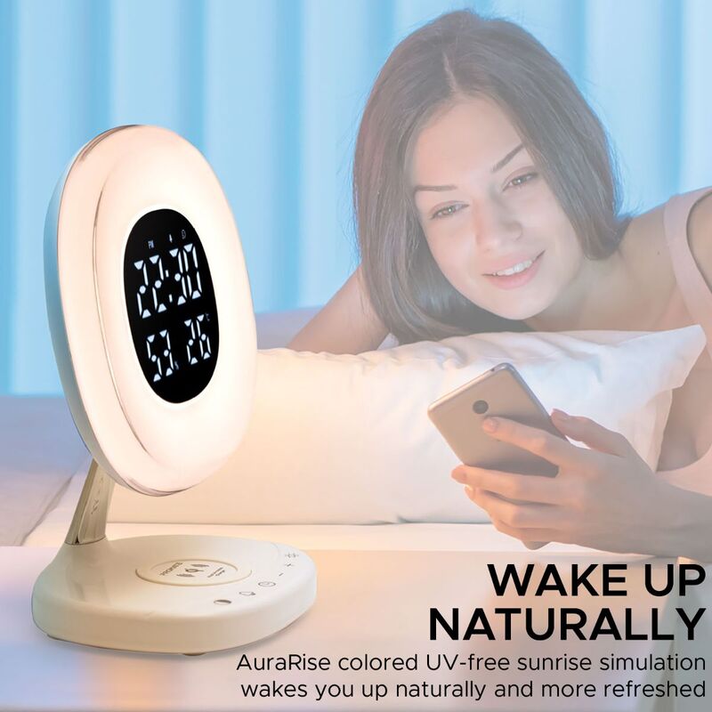 Promate AuraRise Wireless Charging Alarm Clock, Soothing Touch Control 6 Color LED Night Light, Wake-Up Digital Alarm Clock, 10W Fast Qi Wireless Charging for Home, Qi-Enabled Smartphones, White