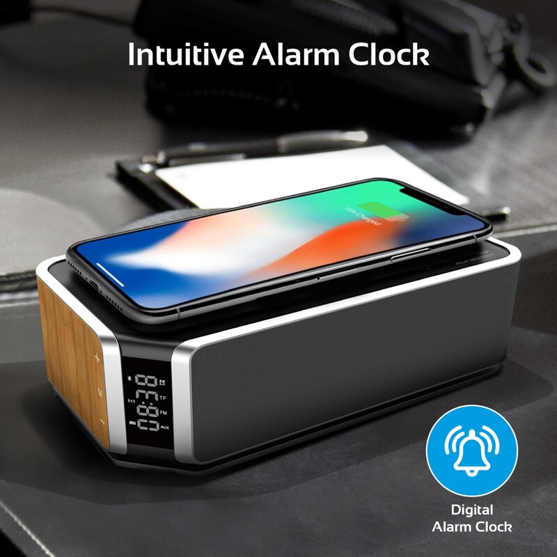 Promate AuraBoom Bluetooth Speaker, Powerful 10W with Qi Wireless Charging Station, TF Card Slot, Audio Jack, Built-In Mic, LED Alarm Clock, Time Display and FM Radio, Beige