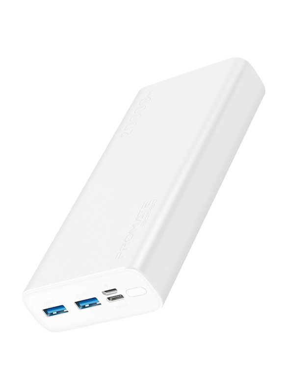 Promate 20000mAh Bolt-20 Fast Charging Portable Power Bank, with 2A Dual USB Port, Over-Charging Protection and USB-C, Micro USB Input Port, White