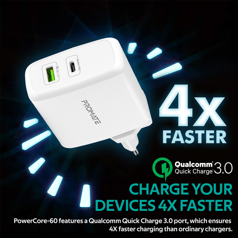 Promate PowerCore 60 Wall Charger, Premium Fast Charging 60W Type-C, with Ultra-Fast Qualcomm Quick Charge 3.0 Port and Multi-Regional Plugs, White