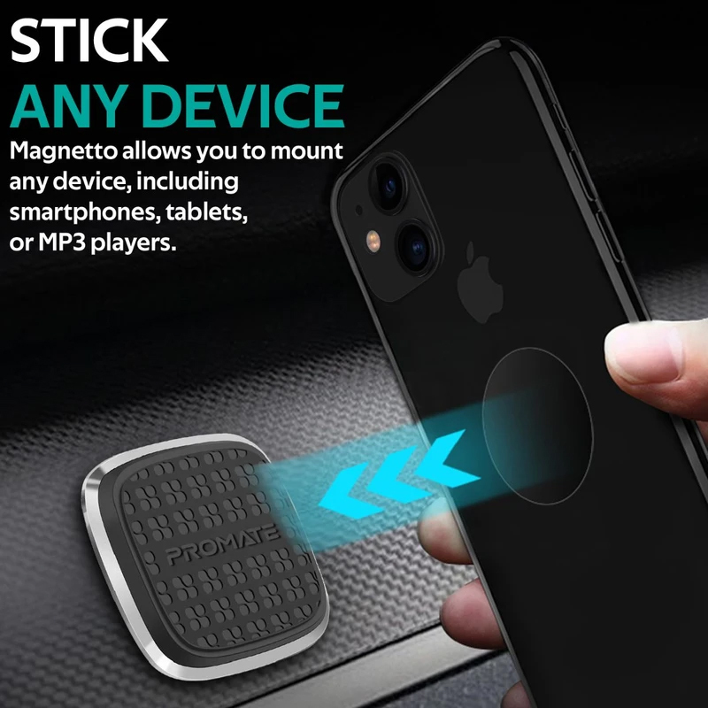 Promate Magnetto Magnetic Car Mount, Universal Slim Flat Stick-On Dashboard with 360 Degree Cradle-Free Design and Anti-Slip Surface, Silver