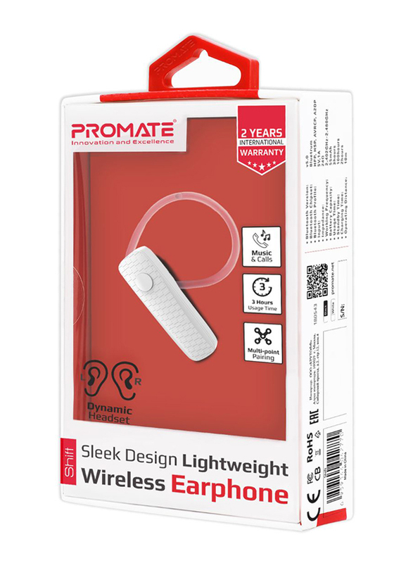 Promate Shift Wireless Bluetooth v5.0 In-Ear Music Mono Noise Cancelling Earphones, with HD Voice Clarity, Ear-Lock Design and Built-in Mic, White