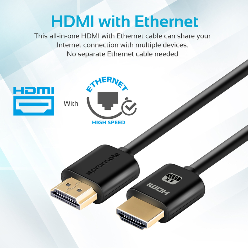 Promate 1.5-Meter ProLink4K2 4K HDMI Cable, Hi-Speed HDMI Male to HDMI Cable, 24K Gold Plated Connector and Ethernet with 3D Video Support for HDTV/Projectors/Computers/LED TV/Game Consoles, Black
