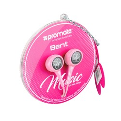 Promate Bent In-Ear Headphones, Premium 3.5mm Stereo Wired Earphones with Built-In Microphones, Tangle Free Cord and Noise-Isolation, Pink