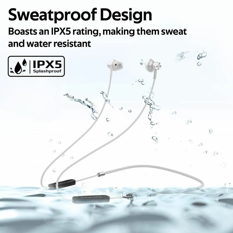 Promate Dynamic-X5 Bluetooth In-Ear Noise Isolation Neckband Sporty Earphones with Built-in Mic, IPX5 Water Resistant, Silver