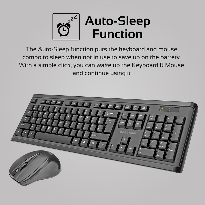 Promate ProCombo-3 Wireless Keyboard and Mouse, Full-Size Super-Slim 2.4GHz Cordless with Nano USB Receiver and Auto Sleep, Black