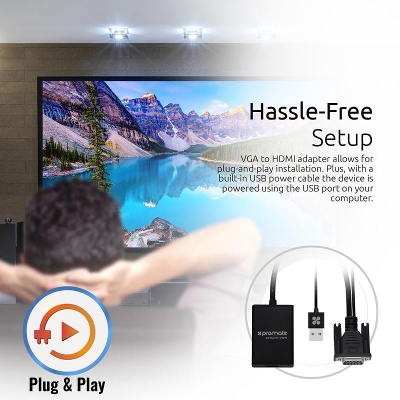Promate ProLink-V2H HDMI Converter Adaptor Cable, USBA/VGA Male to HDMI Female, 1080p HD Resolution with Audio Support TV/AV/HDTV, Black