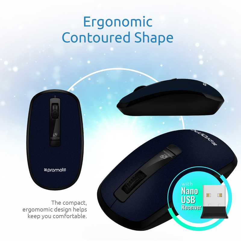 Promate CLIX-3 2.4 Ghz USB Wireless Ergonomic Mouse, Precision Scrolling for Windows Mac, Blue