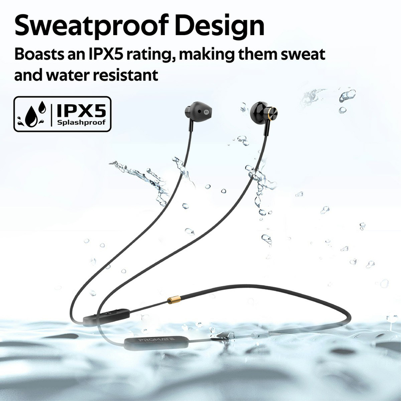 Promate Dynamic-X5 Bluetooth In-Ear Noise Isolation Neckband Sporty Earphones with Built-in Mic, IPX5 Water Resistant, Black