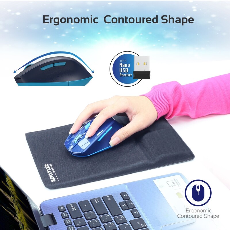 Promate CLIX-6 Wireless Mouse, 2.4G Ergonomic Designed with USB Nano Receiver, 15m Working Distance, Auto Sleep Function and 3 Adjustable DPI, Blue