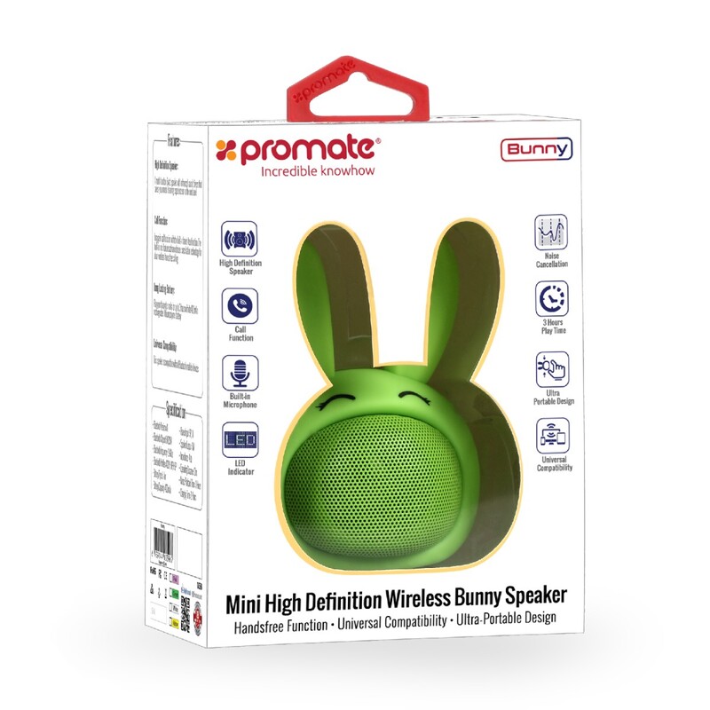 Promate Bunny Kids Bluetooth Speaker, Portable Wireless V4.1 Speaker with HD Sound Quality, Hands-Free Call Function and Cute Bunny Design, Green