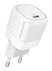 Promate GaN Ultra-Compact USB-C EU Wall Charger with Fast-Charging USB-C 25W Power Delivery Port, PowerPort-25, White