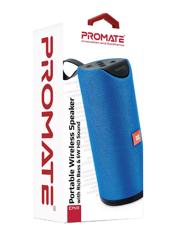 Promate Chill Portable Wireless Bluetooth v5.0 Stereo Speaker with 6W HD Sound, Built-In Mic, Micro SD Card Slot, In-Line AUX and 1200mAh Rechargeable Battery, Blue
