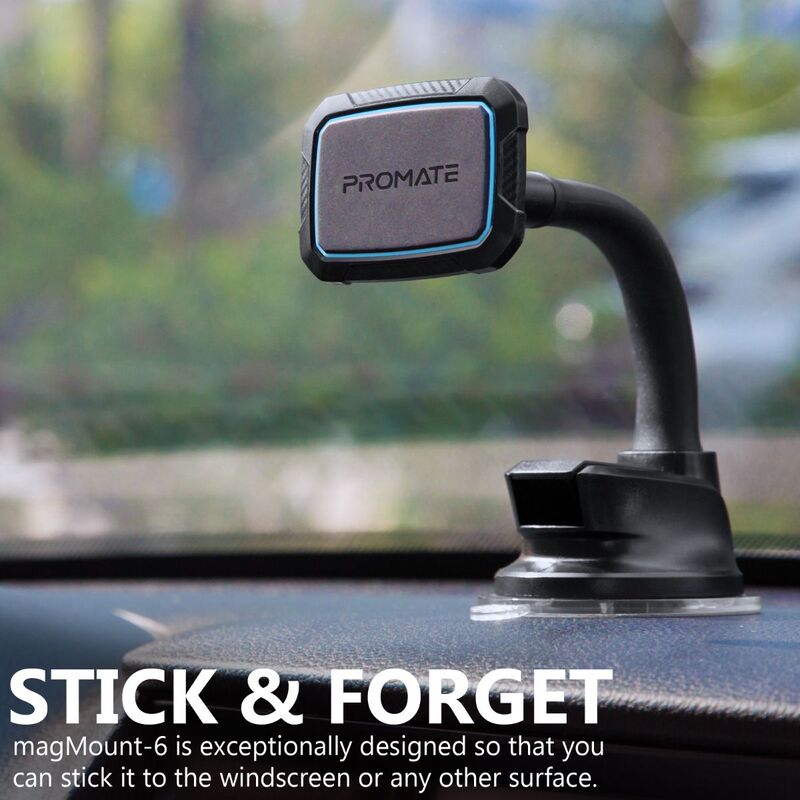 Promate MagMount Magnetic Car Mount Holder, Universal 360 Rotation Windshield or Dashboard Suction Cup Phone holder with 6 Strong Magnetic, Flexible Gooseneck and Anti-Slip Grip, Blue