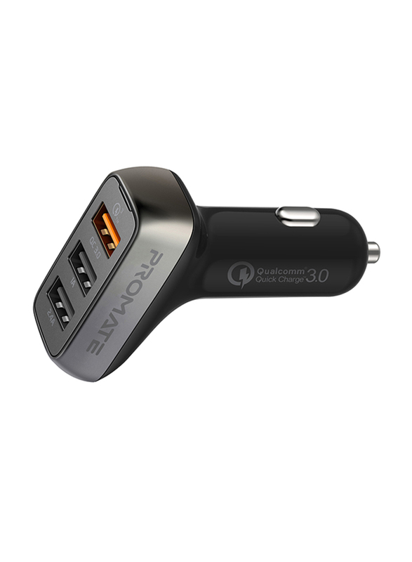 Promate Scud-C35 3 Port USB Car Charger, Fast 30W 3.4A Dual USB Car Charger Adapter with Qualcomm Quick Charger 3.0 USB Port and Over-Heating Protection for iPad, GPS, Mobile Phones and Tablets,Black