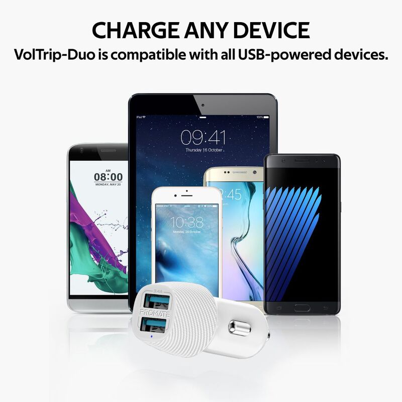 Promate VolTrip Duo 3.4A Fast Charging Car Charger, with Smart Output and Short Circuit Protection, White