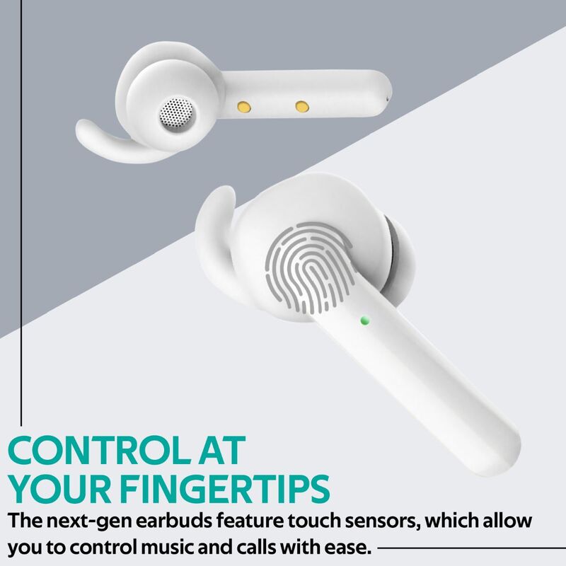 Promate Charisma True Wireless In-Ear Earbuds, Bluetooth 5.0, Stylish TWS Stereo with Touch Control, Charging Case, Anti-Drop Ear Hooks, 24H Playtime and Built-In Mic, White